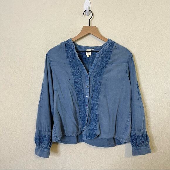 Anthropologie Seen Worn Kept Embroidered Cotton Flare-Sleeve Blouse Blue Size 4 - Picture 10 of 15